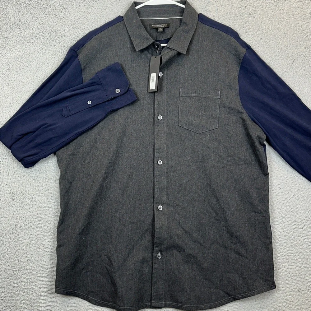 NEW Banana Republic Shirt Mens XL Grey Navy Colorblock Button Up Long Sleeve